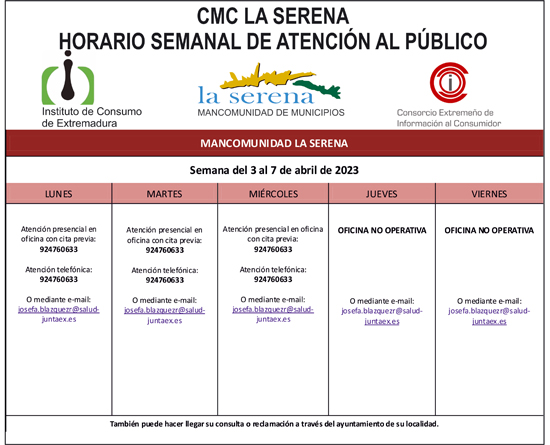 CMC LA SERENA. HORARIO SEMANAL DE ATENCIÓN AL PÚBLICO. Semana del 3 al 7 de abril.