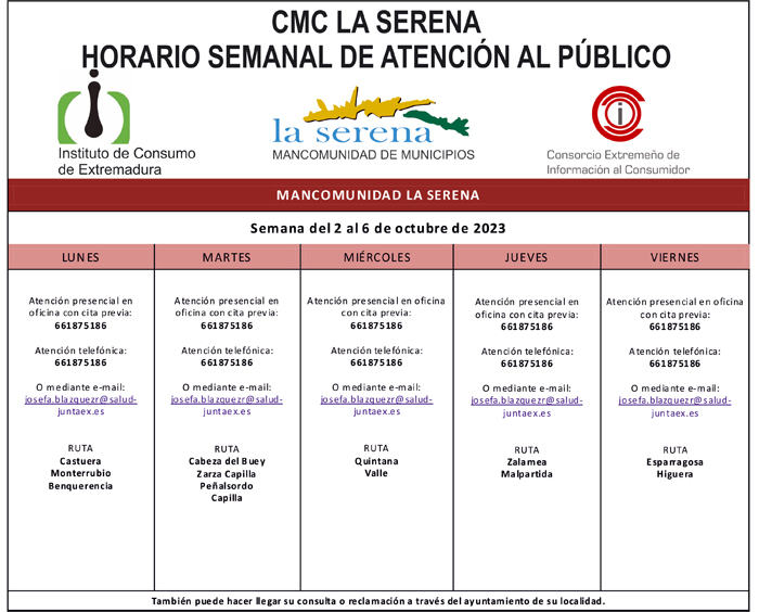 CMC LA SERENA. HORARIO SEMANAL DE ATENCIÓN AL PÚBLICO.Semana del 2 al 6 de octubre.