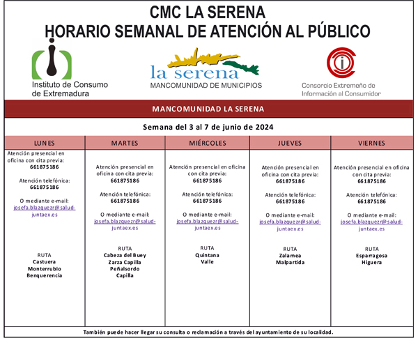 CMC LA SERENAHORARIO SEMANAL DE ATENCIÓN AL PÚBLICO.Semana del 3 al 7 de junio.