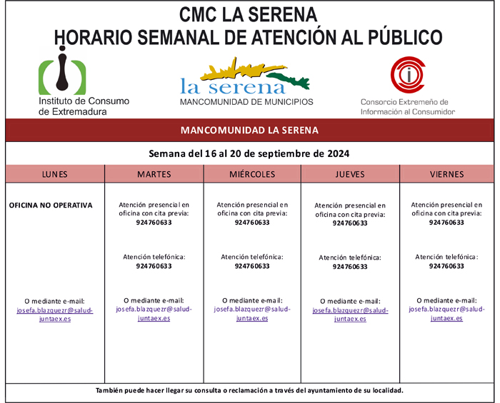 CMC LA SERENA. HORARIO SEMANAL DE ATENCIÓN AL PÚBLICO