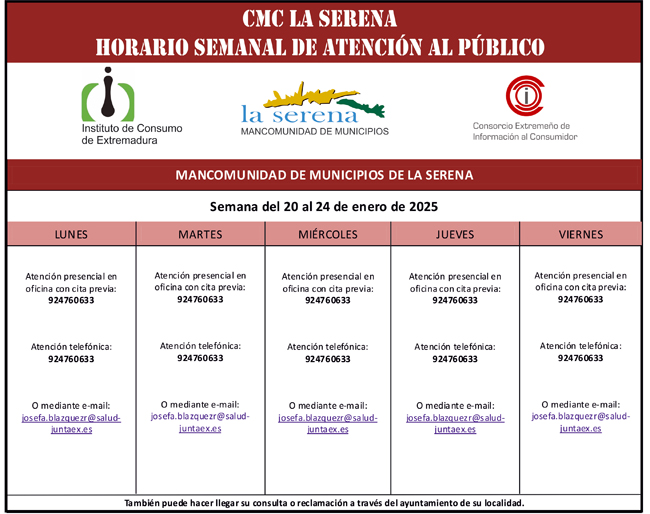 CMC LA SERENA.HORARIO SEMANAL DE ATENCIÓN AL PÚBLICO.