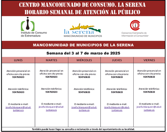 CENTRO MANCOMUNADO DE CONSUMO. LA SERENA. HORARIO SEMANAL DE ATENCIÓN AL PÚBLICO.