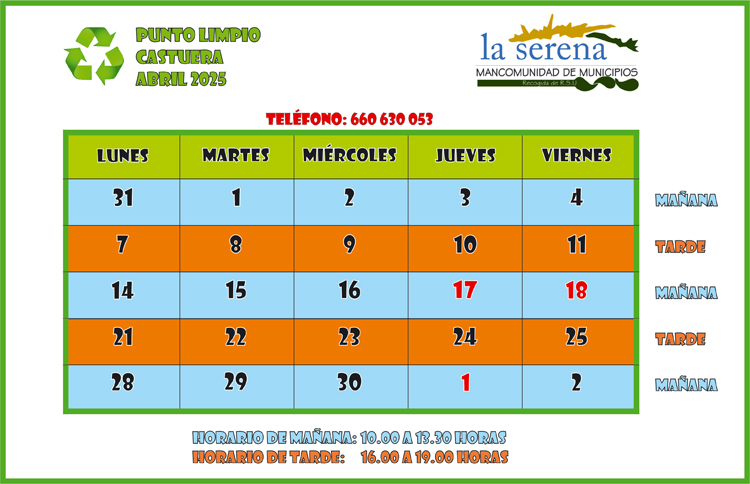 PUNTOS LIMPIOS DE CASTUERA Y DE QUINTANA DE LA SERENA. HORARIOS MES DE ABRIL