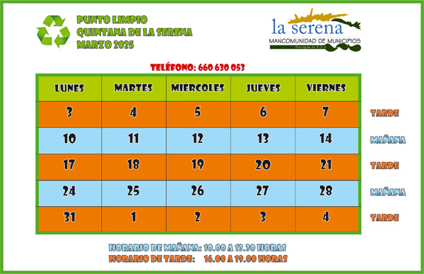 PUNTOS LIMPIOS DE CASTUERA Y DE QUINTANA DE LA SERENA. CALENDARIO PARA EL MES DE MARZO