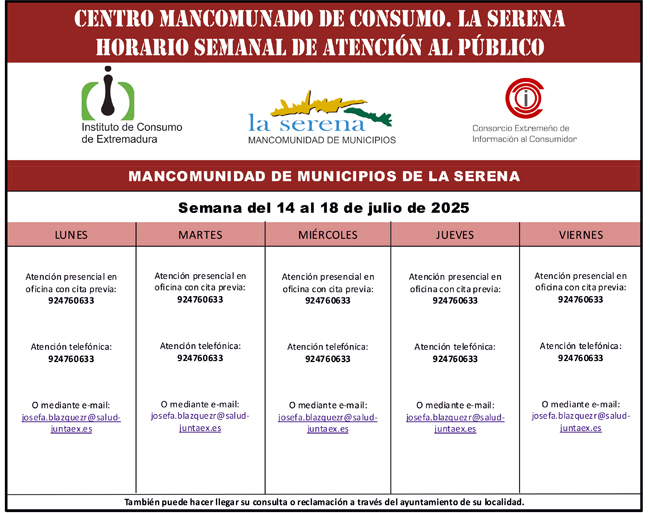 CENTRO MANCOMUNADO DE CONSUMO. LA SERENA. HORARIO SEMANAL DE ATENCIÓN AL PÚBLICO
