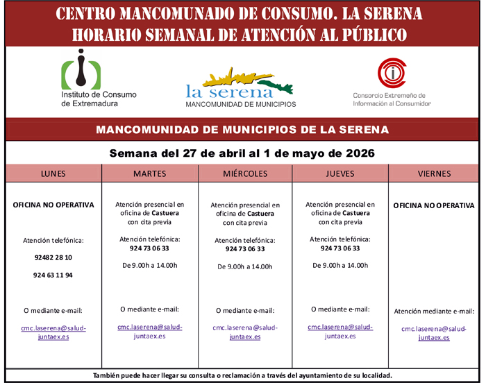 CMC LA SERENA. HORARIO SEMANAL DE ATENCIÓN AL PÚBLICO