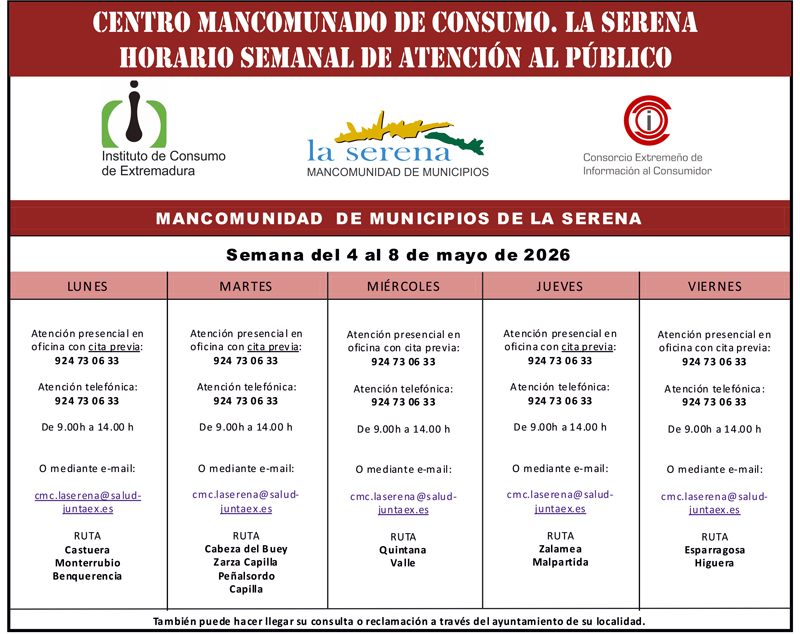 CMC LA SERENA. HORARIO SEMANAL DE ATENCIÓN AL PÚBLICO