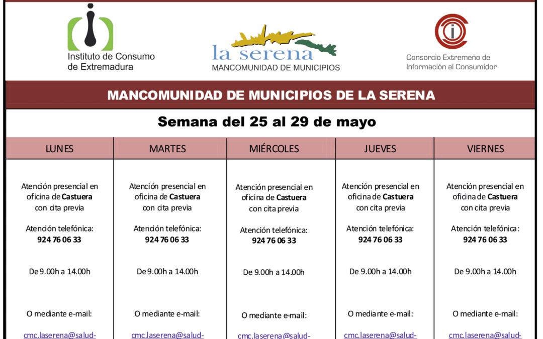 CENTRO MANCOMUNADO DE CONSUMO. LA SERENA. HORARIO SEMANAL DE ATENCIÓN AL PÚBLICO
