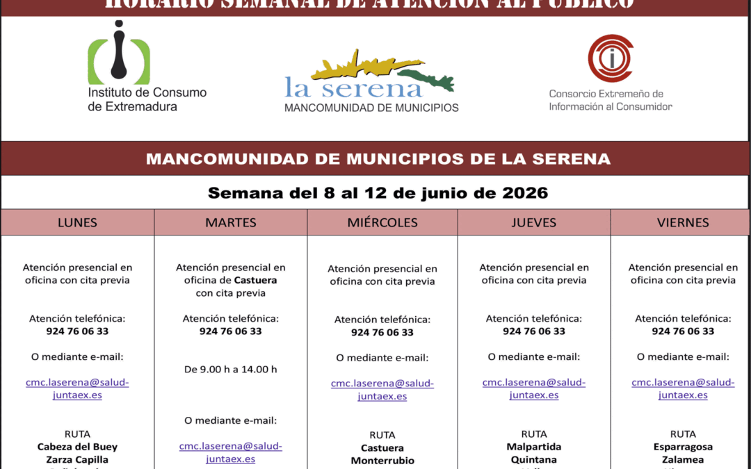 CENTRO MANCOMUNADO DE CONSUMO. LA SERENA. HORARIO SEMANAL DE ATENCIÓN AL PÚBLICO.