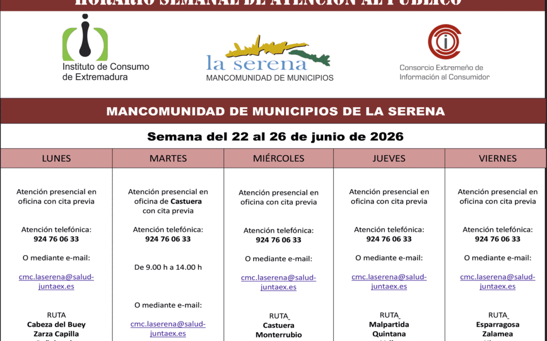 CENTRO MANCOMUNADO DE CONSUMO. LA SERENA. HORARIO SEMANAL DE ATENCIÓN AL PÚBLICO.