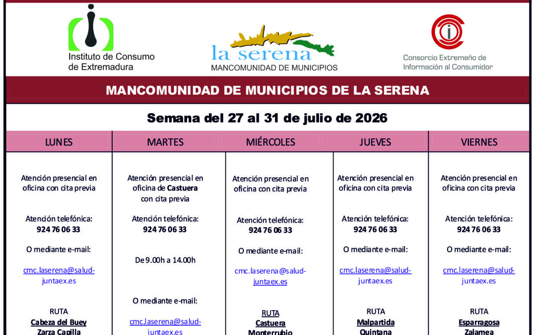 CENTRO MANCOMUNADO DE CONSUMO. LA SERENA. HORARIO SEMANAL DE ATENCIÓN AL PÚBLICO.