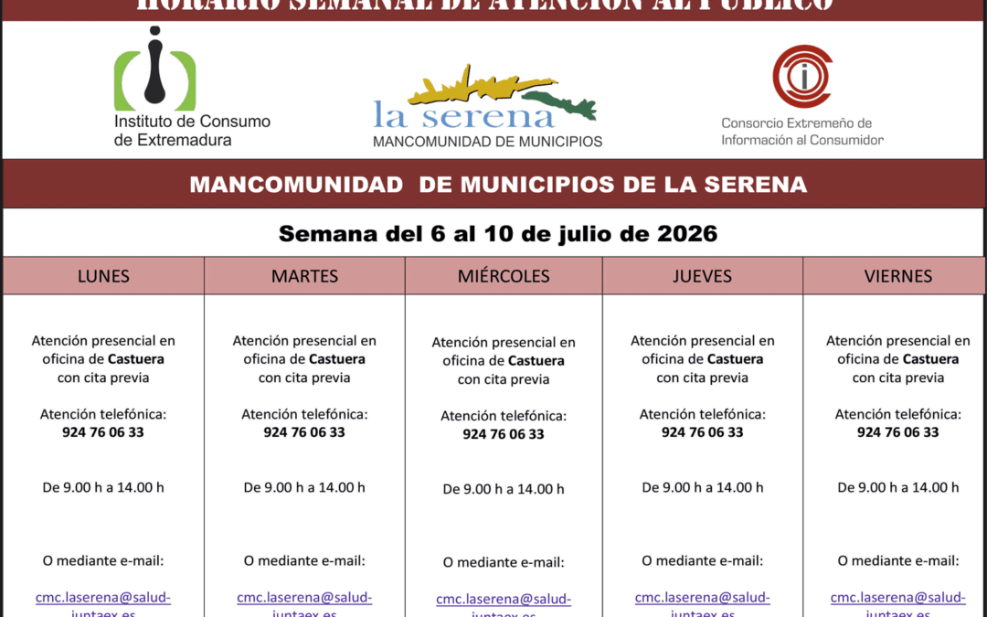 CENTRO MANCOMUNADO DE CONSUMO. LA SERENA. HORARIO SEMANAL DE ATENCIÓN AL PÚBLICO.