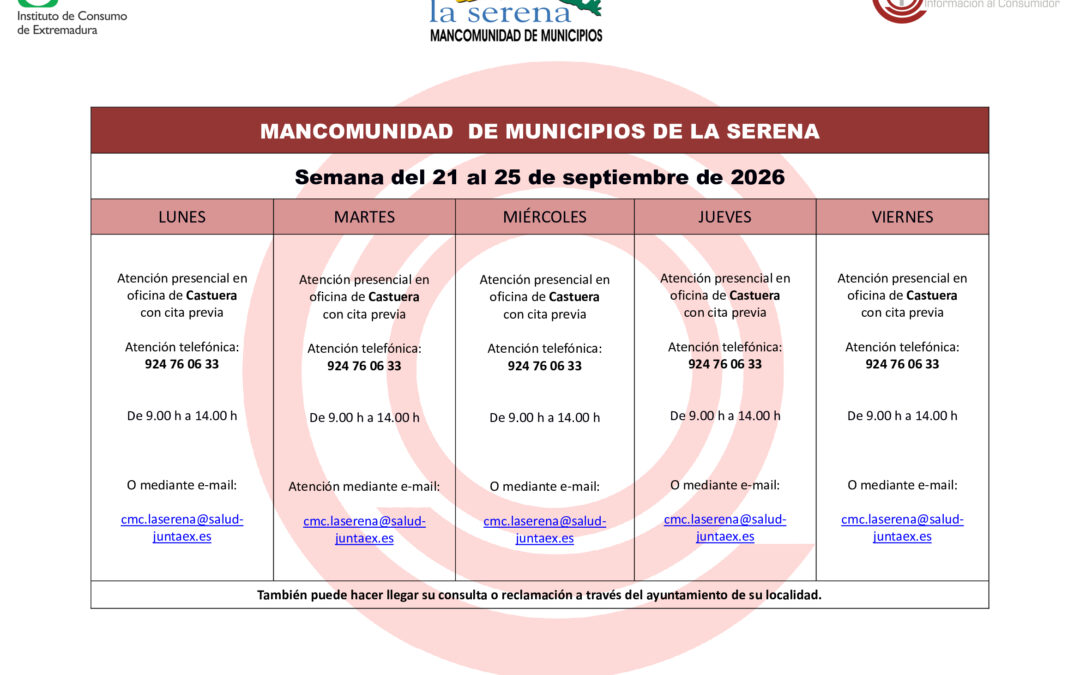 CENTRO MANCOMUNADO DE CONSUMO. LA SERENA. HORARIO SEMANAL DE ATENCIÓN AL PÚBLICO