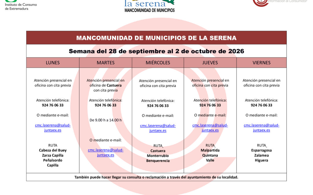 CENTRO MANCOMUNADO DE CONSUMO. LA SERENA. Horario semanal de atención al público.